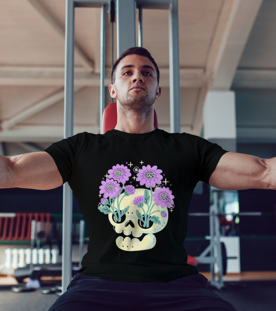 Skull With Purple Flowers And Stars Aesthetic T-Shirt