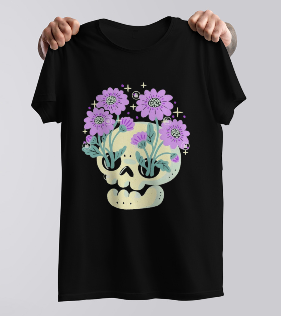 Skull With Purple Flowers And Stars Aesthetic T-Shirt