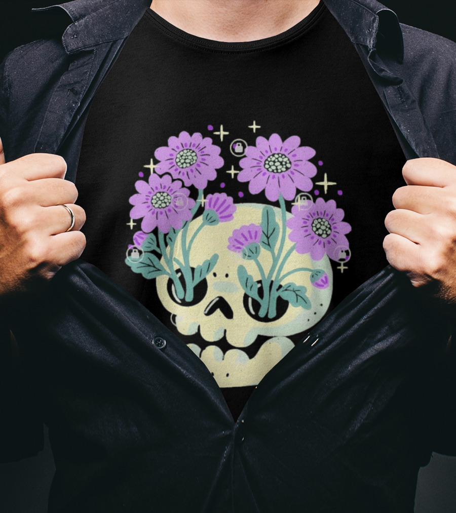 Skull With Purple Flowers And Stars Aesthetic T-Shirt
