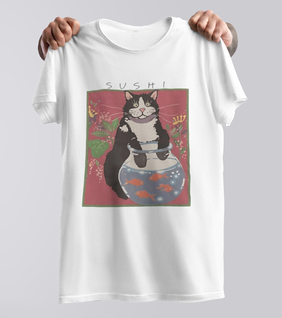 Sushi Cat Holding Fishbowl With Goldfish And Flowers T-Shirt