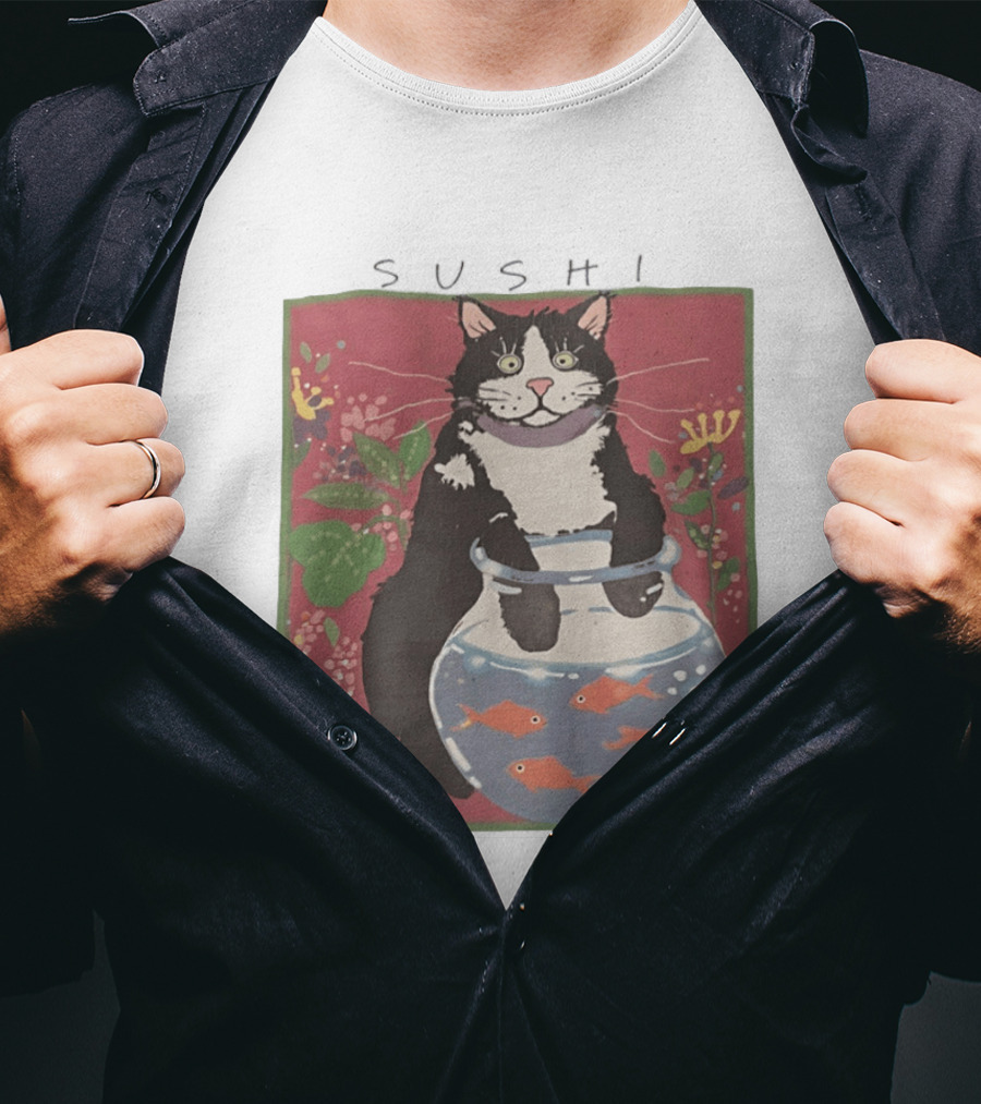 Sushi Cat Holding Fishbowl With Goldfish And Flowers T-Shirt