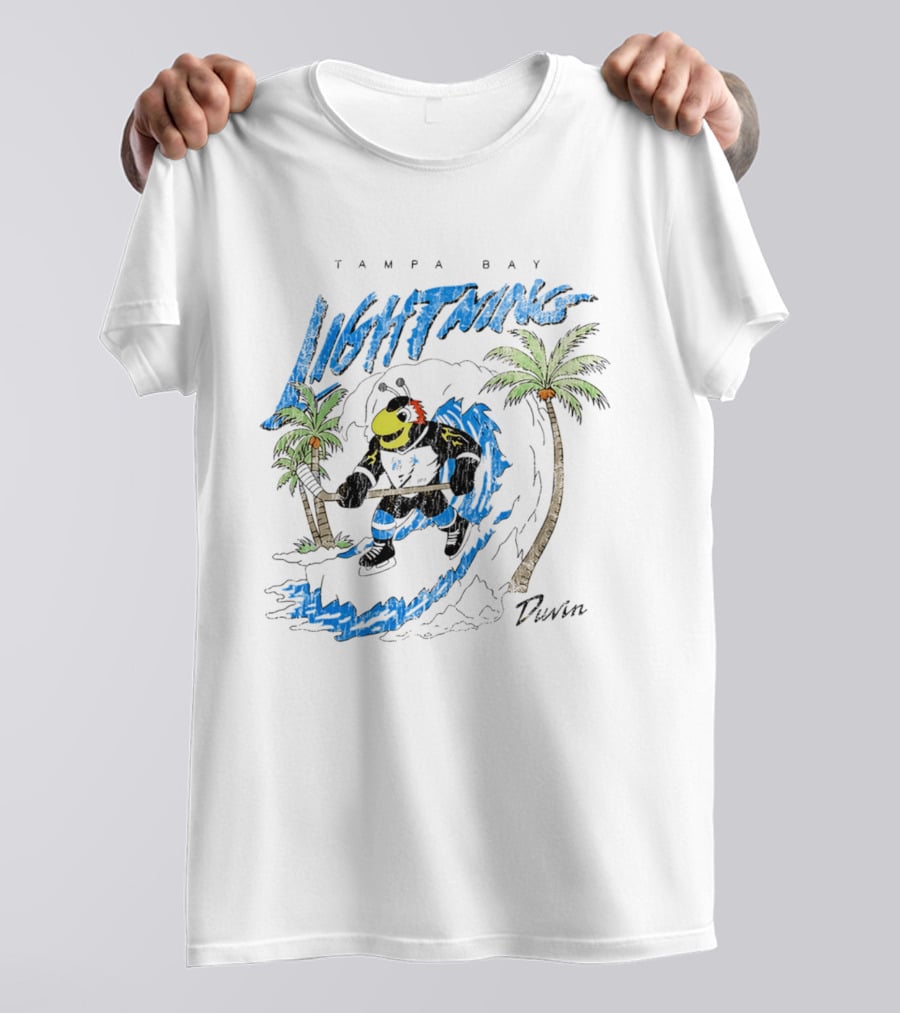 Tampa Bay Lightning Thunderbug Duvin Surfing Hockey Character With Palm Trees T-Shirt