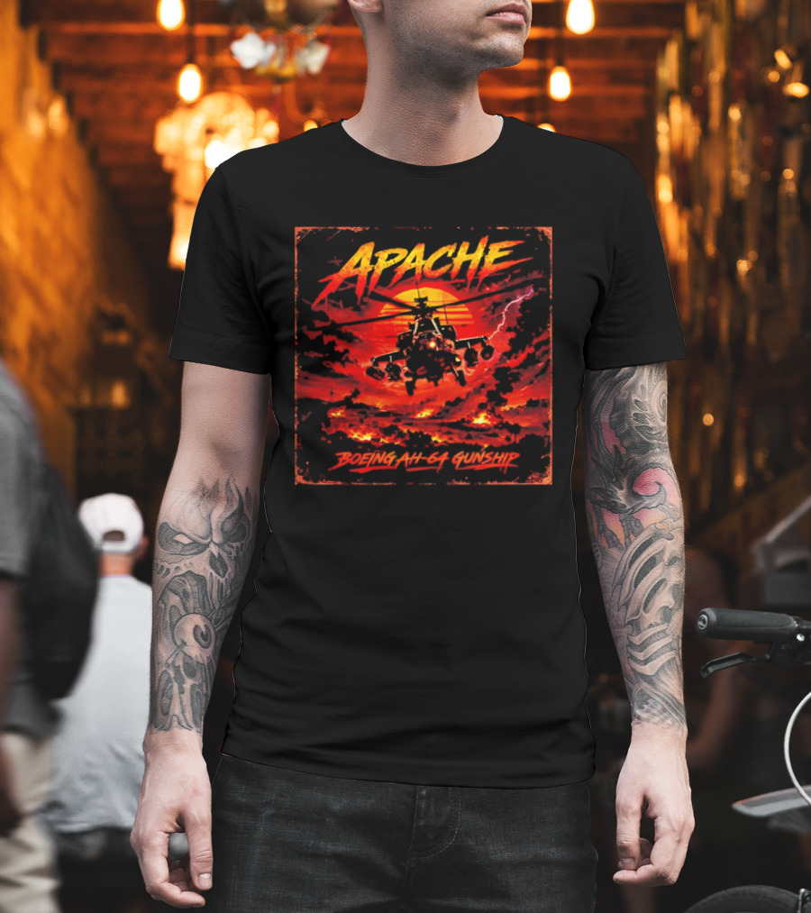 Apache Boeing AH 64 Gunship Sunset Storm Scene T-Shirt