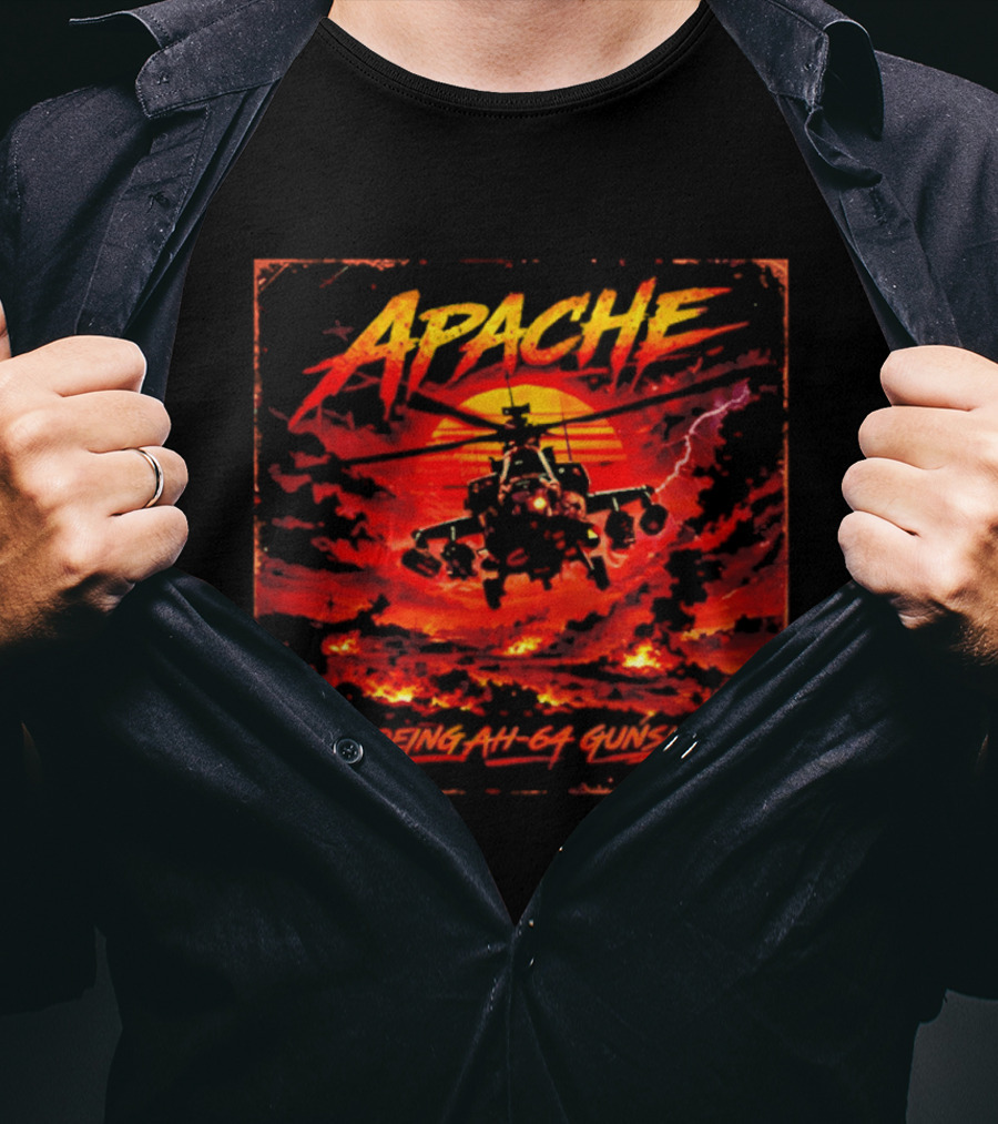 Apache Boeing AH 64 Gunship Sunset Storm Scene T-Shirt