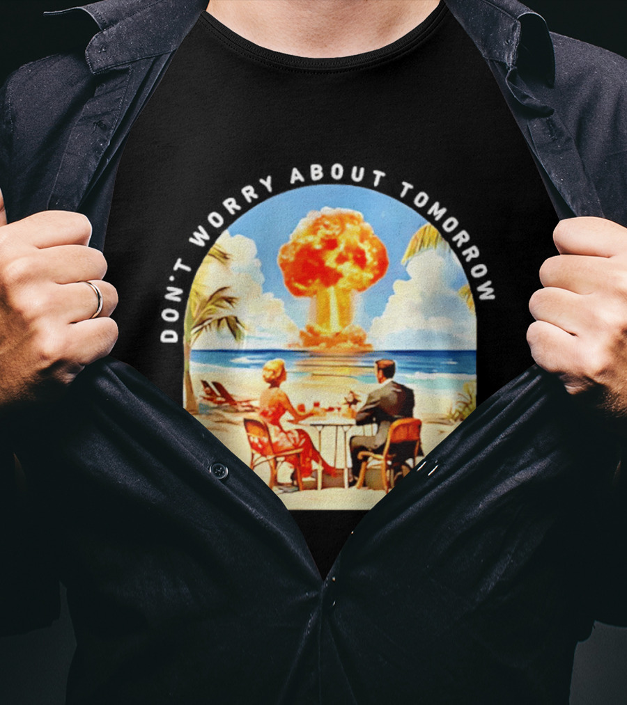 Don't Worry About Tomorrow Matthew 6 34 Atomic Age Retro Beach Explosion T-Shirt