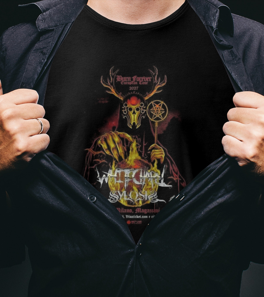 Whitechapel Burn Forever European Tour 2027 Schedule Tour Dates Demon Antlers Flames Cauldron Red Diamond Rod T-Shirt
