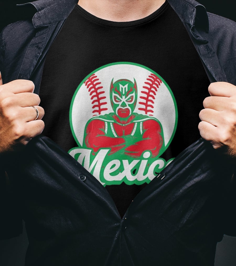 Mexico Luchador Baseball Mask Icon With Arms Crossed In Front Of Baseball Stitch T-Shirt