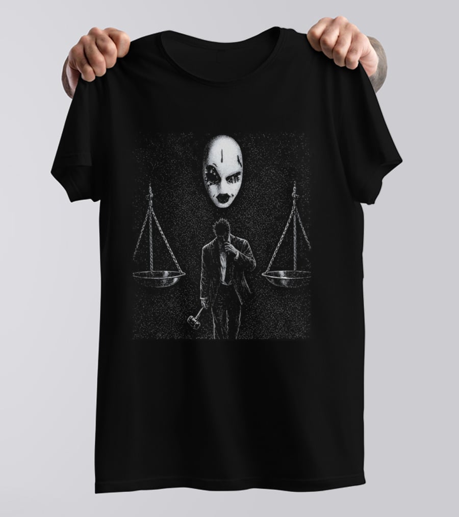 Gothic Justice Mask With Scales Of Balance And Swords T-Shirt
