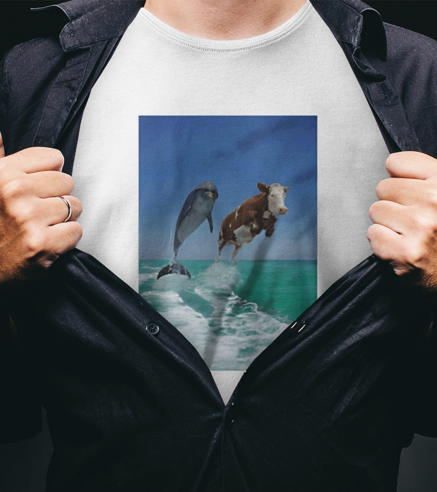Cow And Dolphin Jumping Out Of Water Ocean Adventure T-Shirt