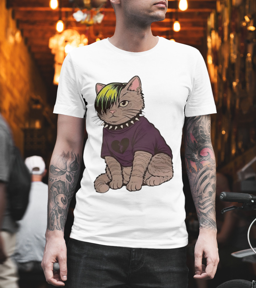 Emo Scene Cat With Heart Break Symbol And Spiked Collar T-Shirt