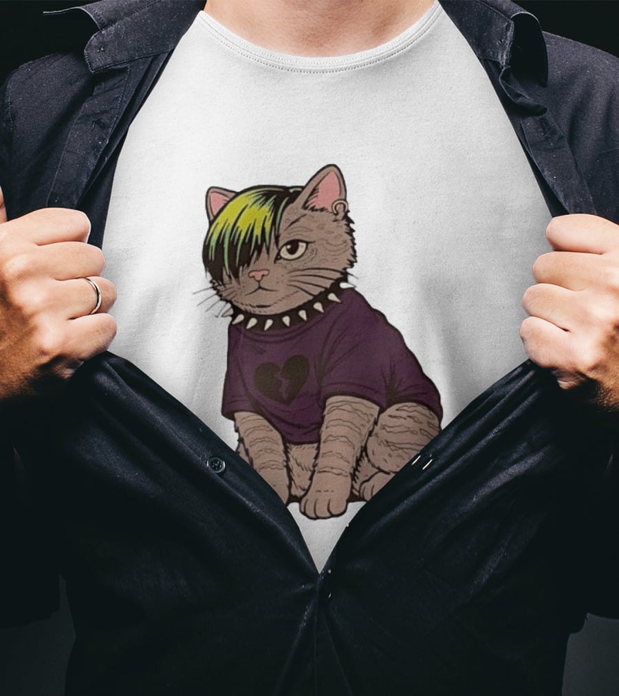 Emo Scene Cat With Heart Break Symbol And Spiked Collar T-Shirt