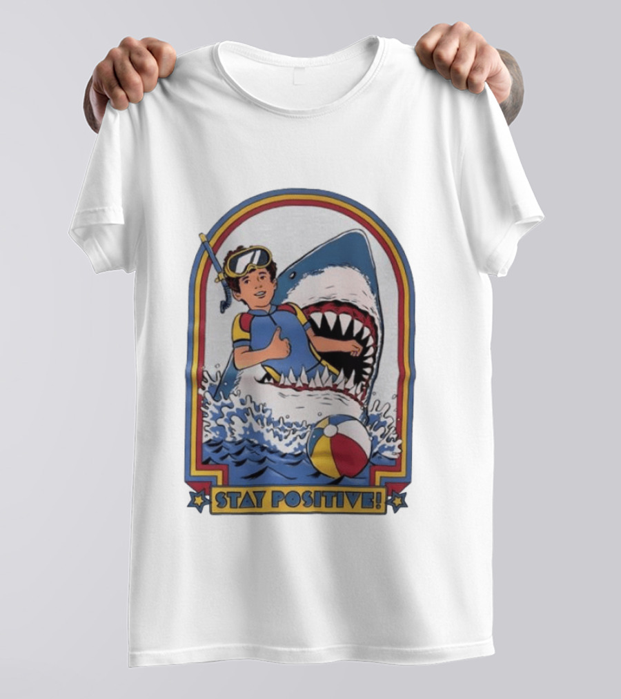 Stay Positive Scuba Boy In Great White Shark Mouth With Beach Ball T-Shirt