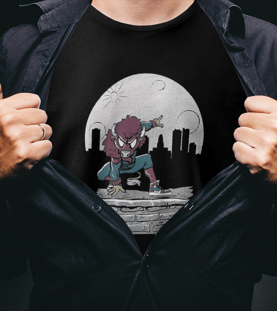 Bison Be A Hero Buffalo Bills Cityscape Dynamic Pose T-Shirt