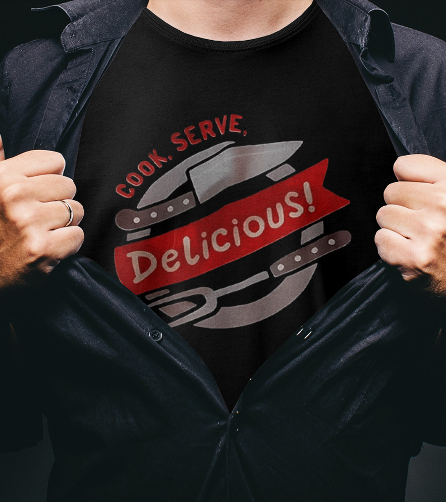 Cook Serve Delicious Knives Fork Red Banner Cooking T-Shirt