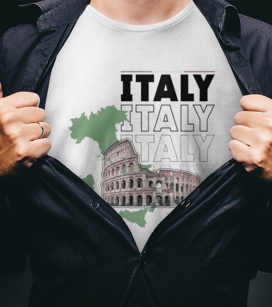 Italy Map And Colosseum Iconic Landmarks Text Heavy Exploration T-Shirt