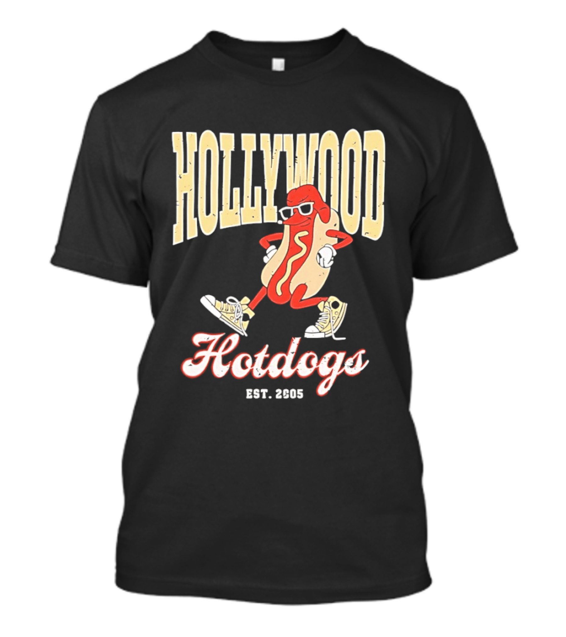 Hollywood Hotdogs Cool Mustard Character With Sunglasses Est 2005 T-Shirt