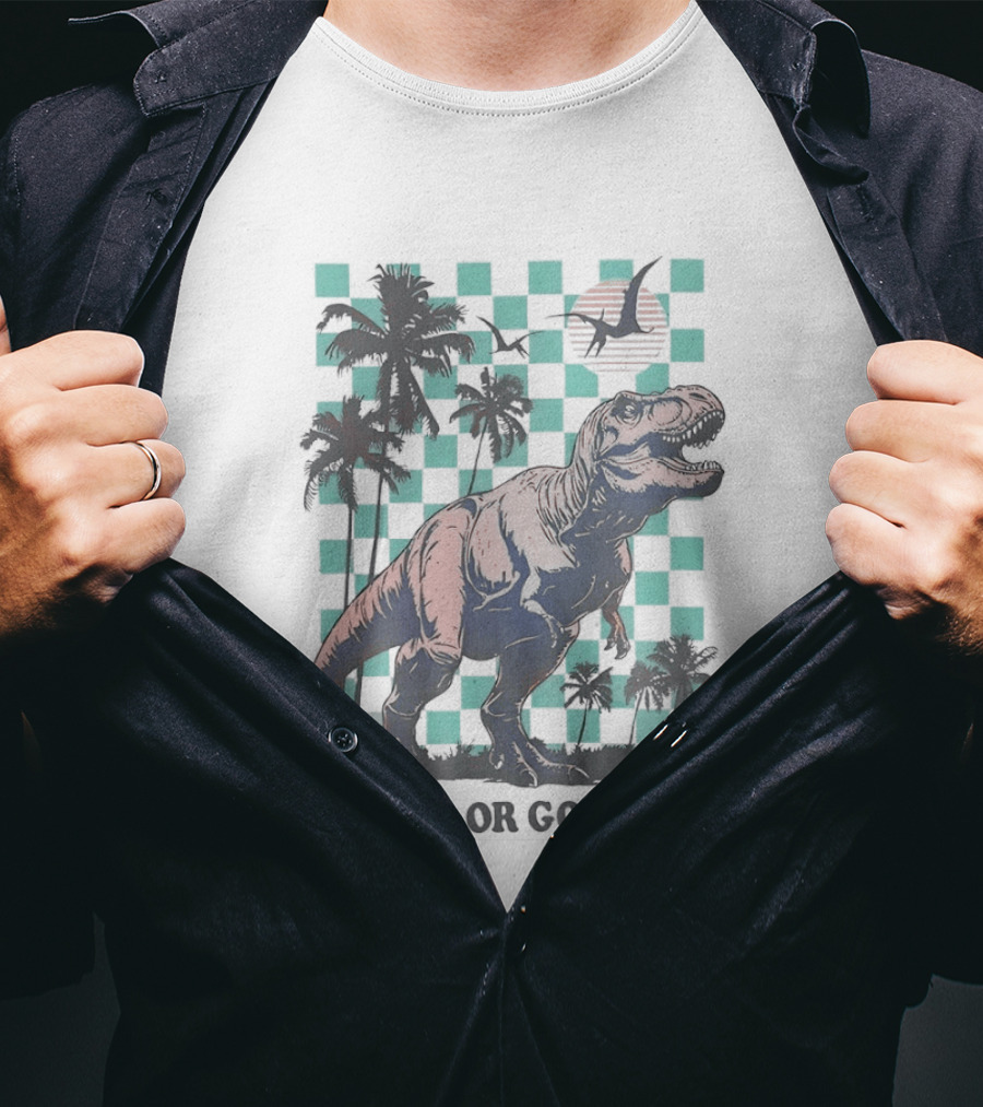Tyrannosaurus Rex Go Big Or Go Home Palm Trees Checkerboard Sunset T-Shirt