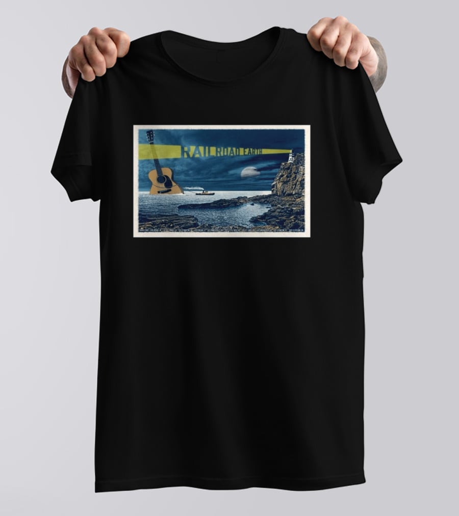 Railroad Earth March 10 2026 Tour Omaha NE Lighthouse Guitar Moonlit Ocean Scene T-Shirt