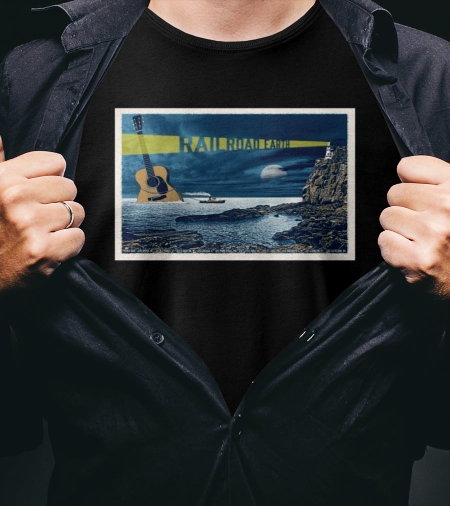 Railroad Earth March 10 2026 Tour Omaha NE Lighthouse Guitar Moonlit Ocean Scene T-Shirt