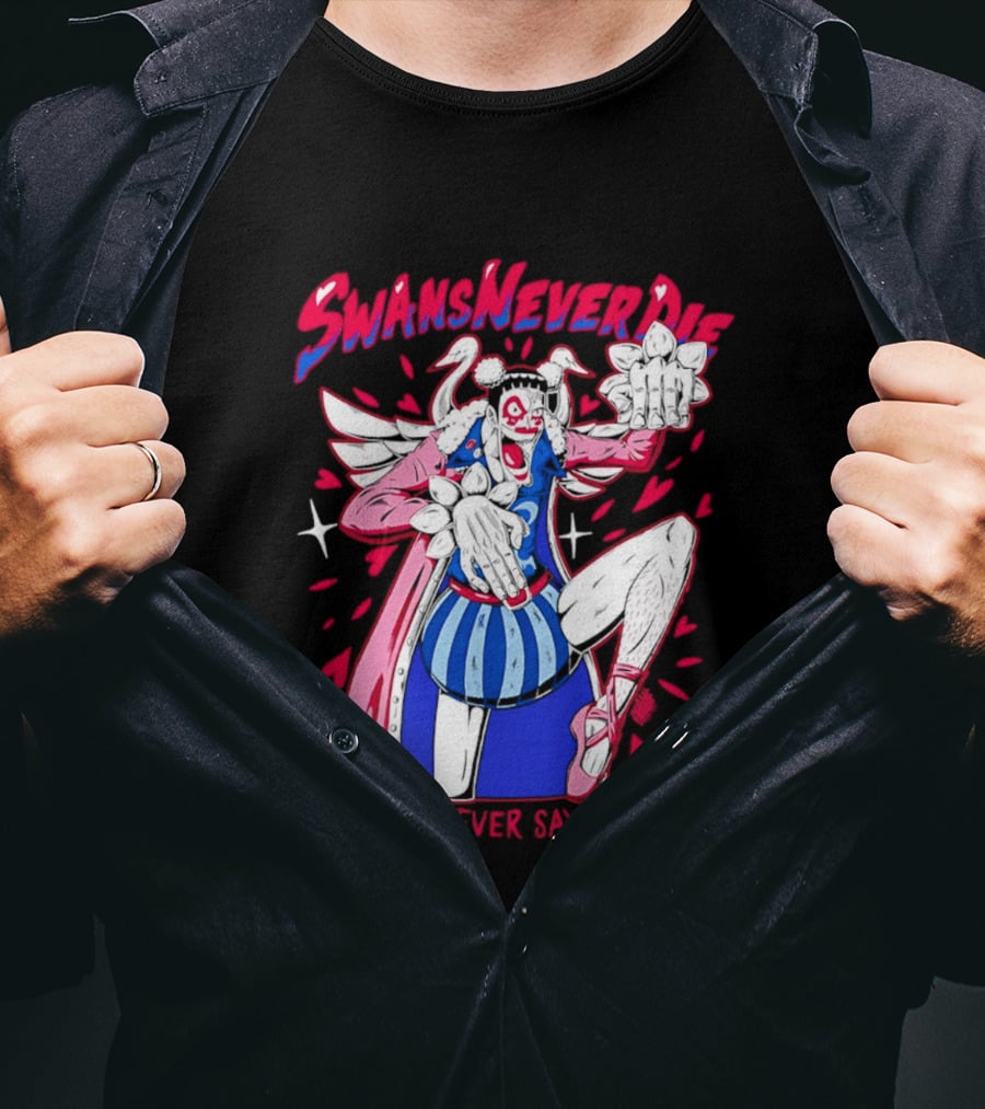 Swans Never Die And They Never Say Goodbye Winged Character Blue Striped Outfit T-Shirt