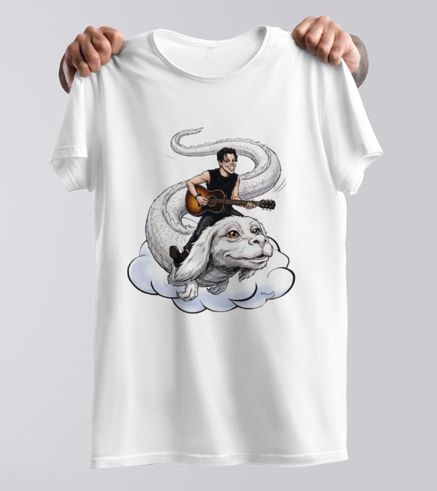 Rock God With Guitar On Falkor Flying Creature Inspired Fantasy Scene T-Shirt