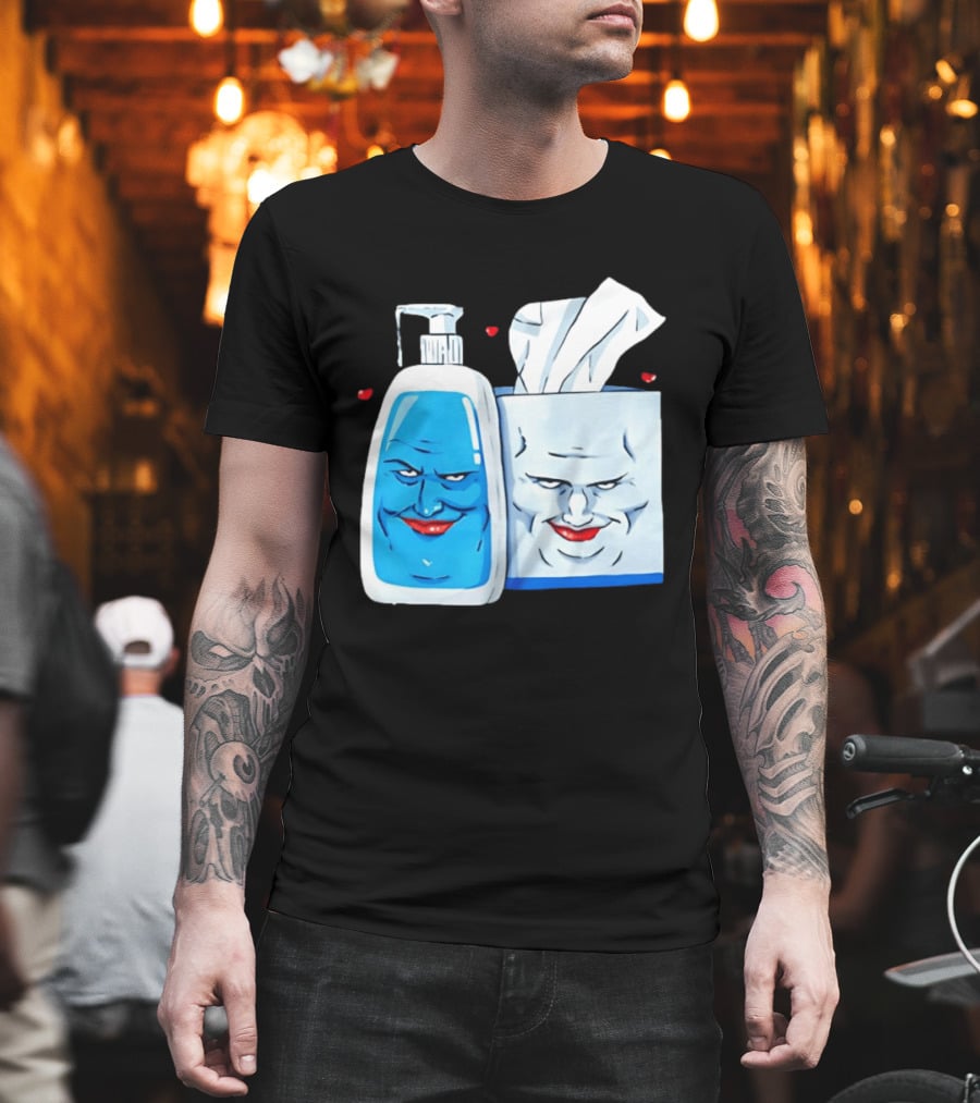 Smiling Blue Lotion Bottle And Tissue Box Meme With Red Lips And Hearts T-Shirt