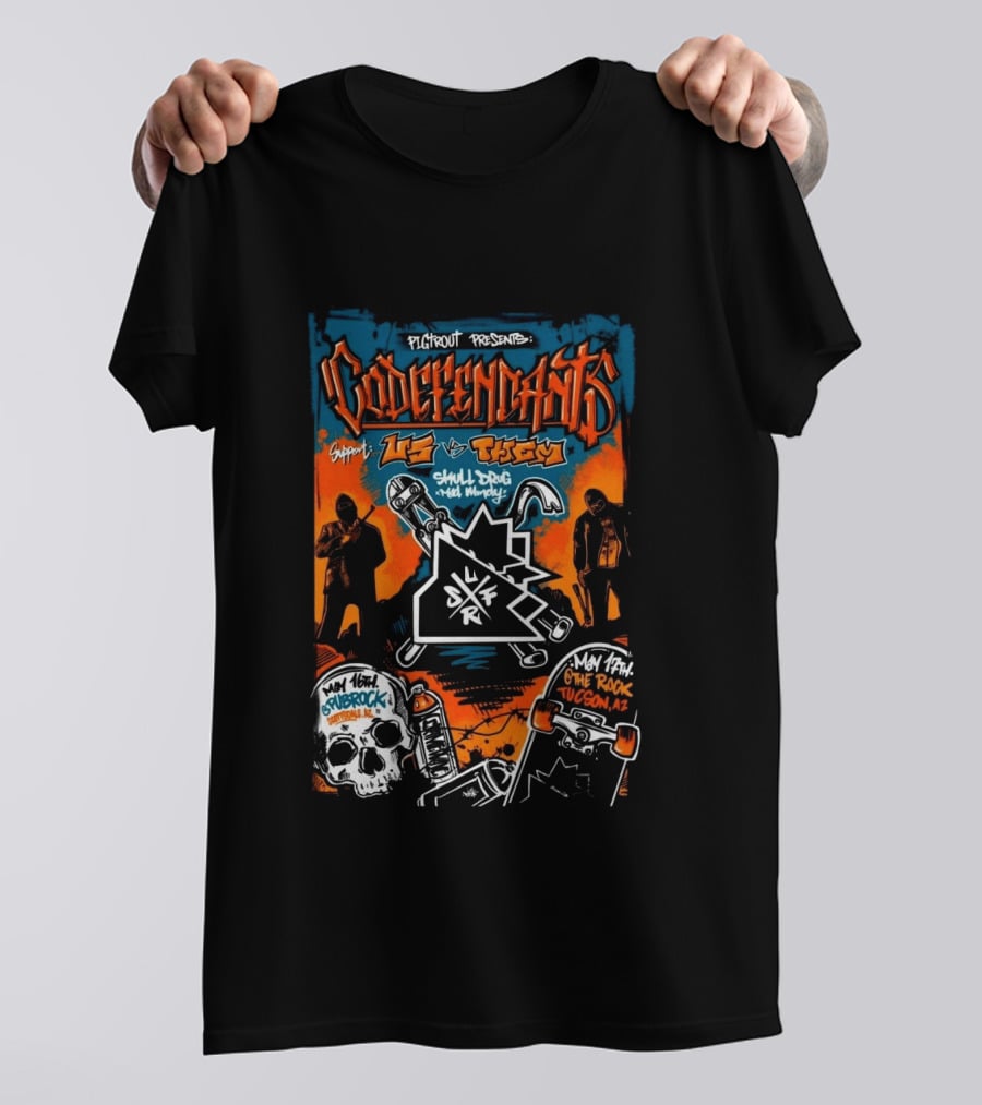 Codefendants Pigifront Presents Us Vs Them May 16 2026 Flagstaff AZ Skateboard Skull Drugs Black And Orange T-Shirt