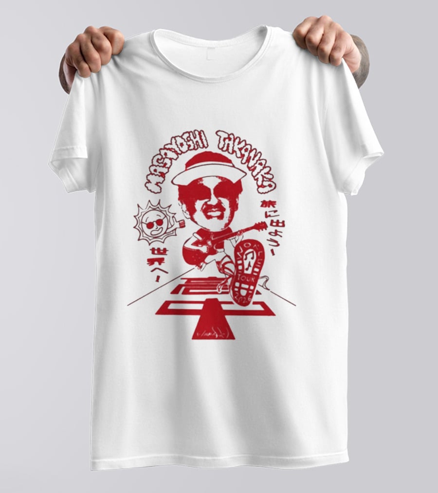Masayoshi Takanaka Super Takanaka World Tour 2026 Caricature Art Red And White T-Shirt