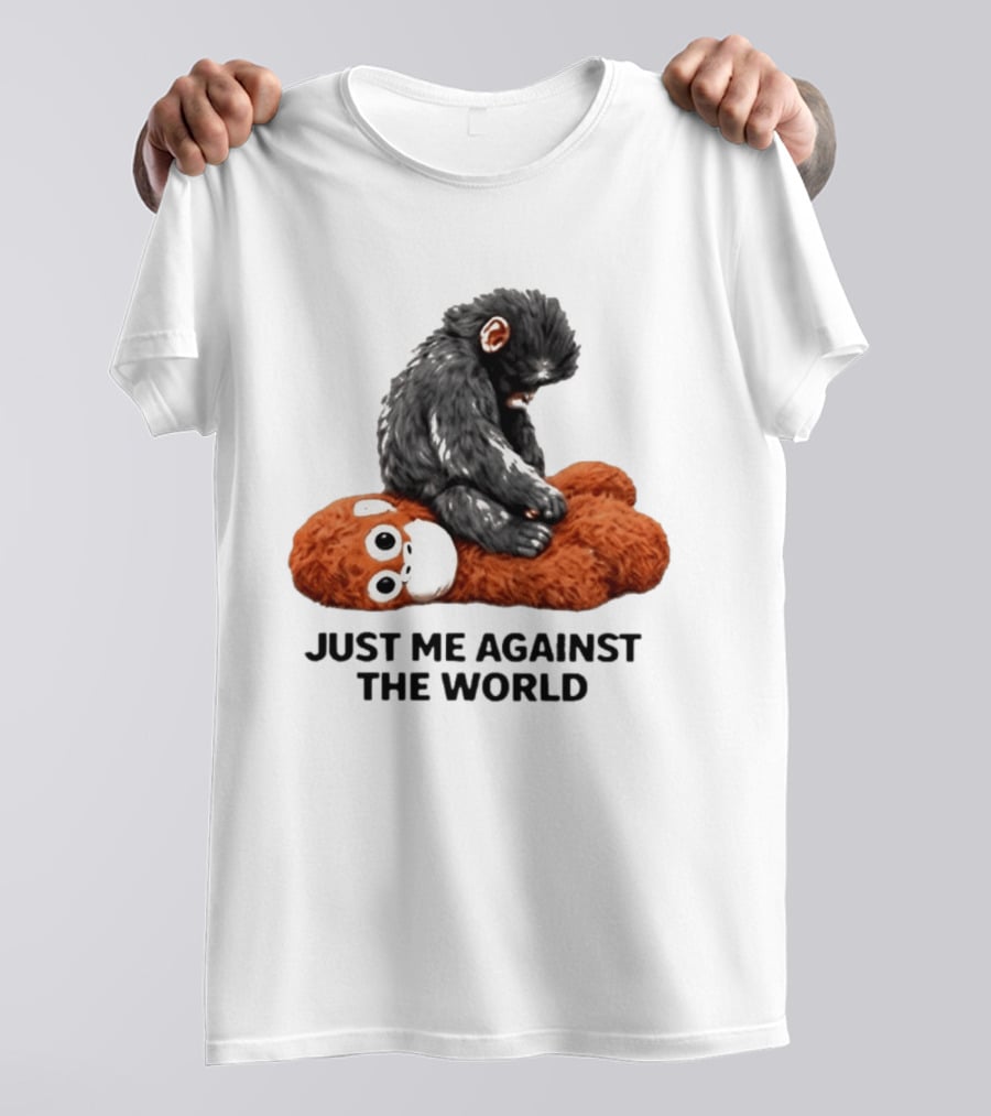 JUST ME AGAINST THE WORLD Gorilla Plush Toy Sitting On Panda T-Shirt