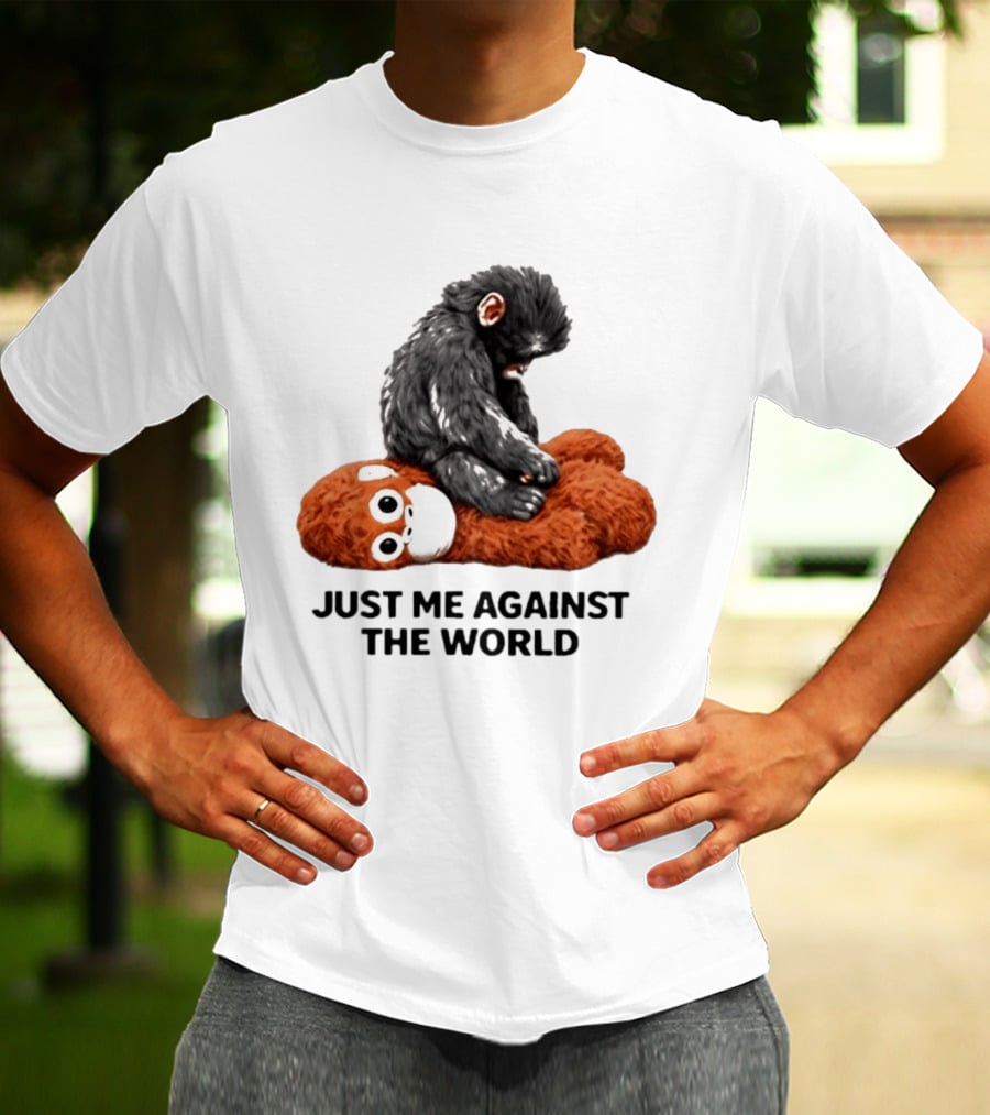 JUST ME AGAINST THE WORLD Gorilla Plush Toy Sitting On Panda T-Shirt