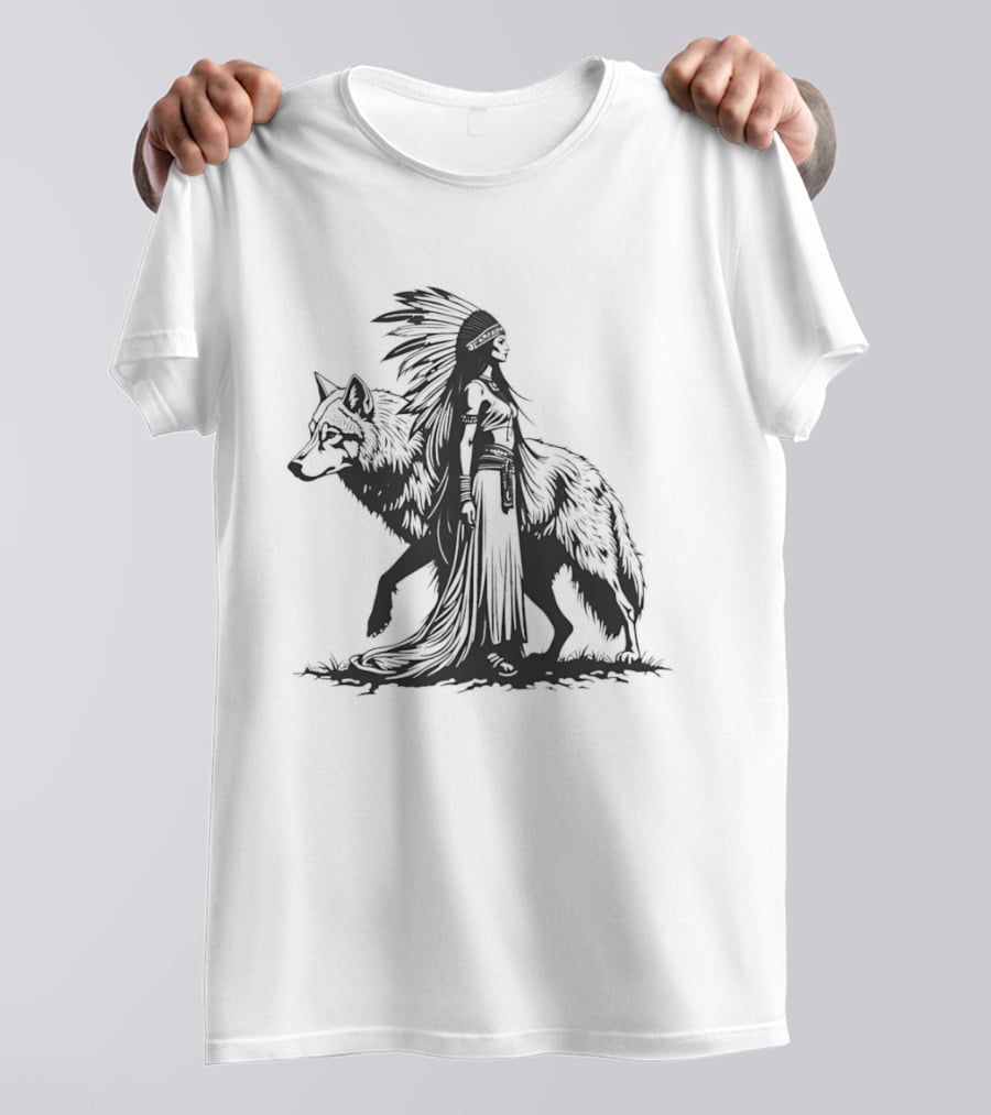 Native Woman And Wolf Connection Tribal Spirit Headdress T-Shirt