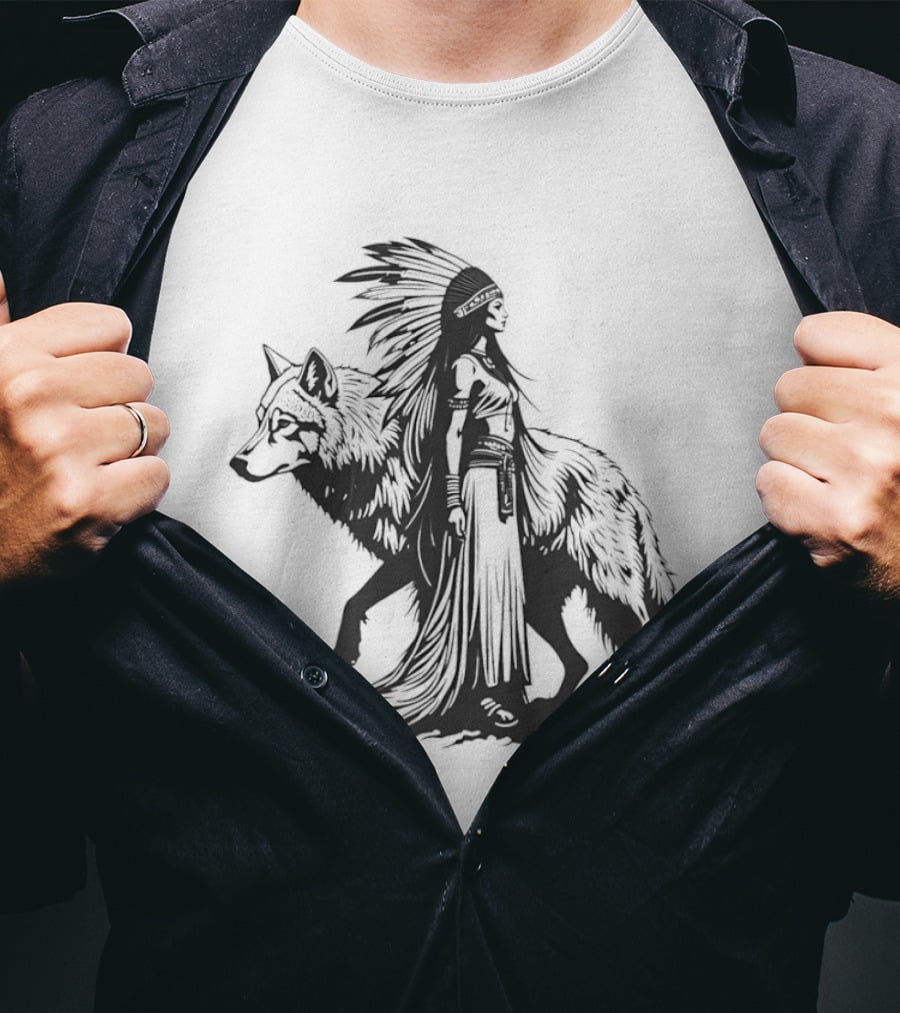 Native Woman And Wolf Connection Tribal Spirit Headdress T-Shirt