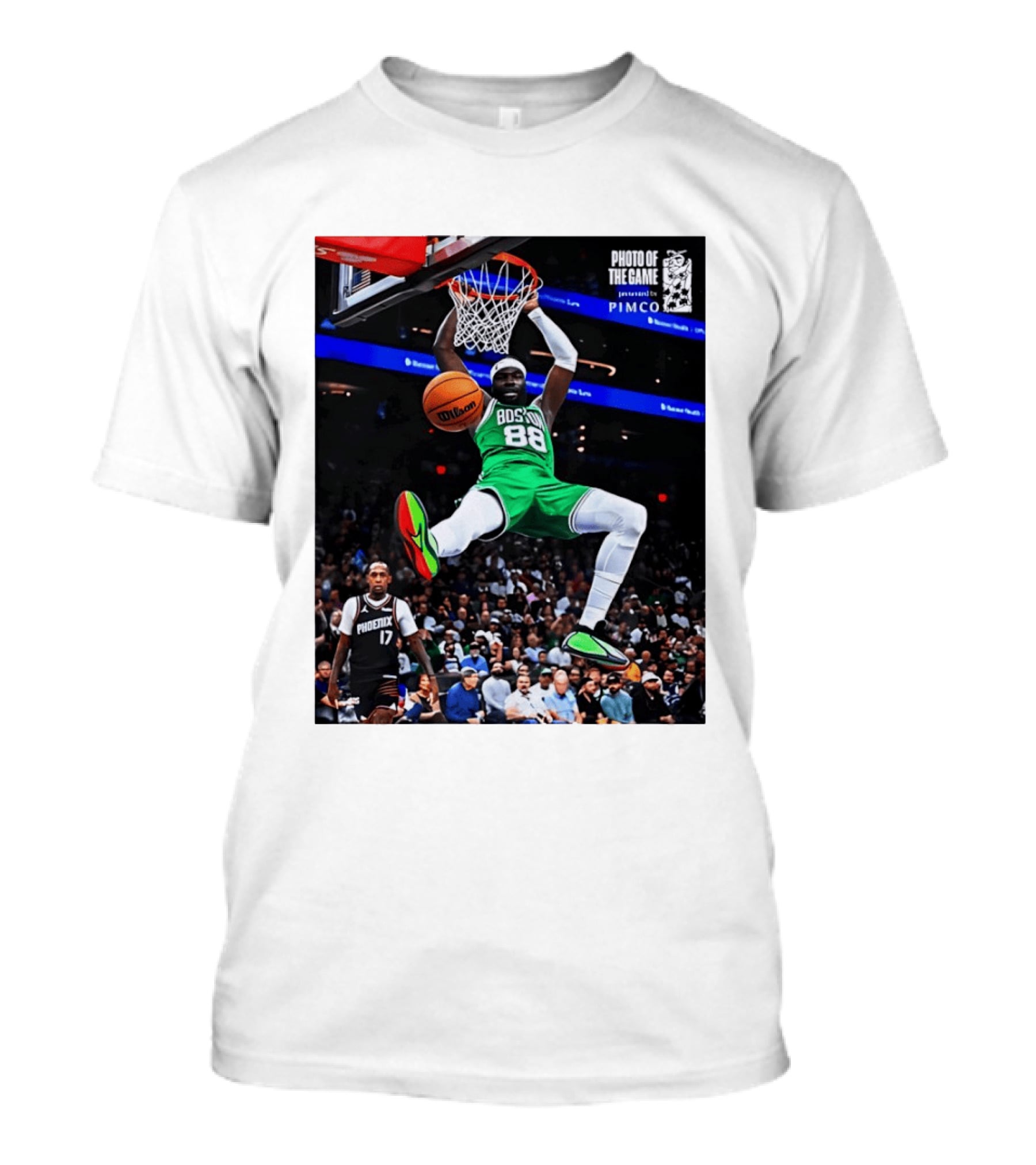 Neemias Queta Boston Celtics Dunk Action Photo With PIMCO At NBA Game T-Shirt