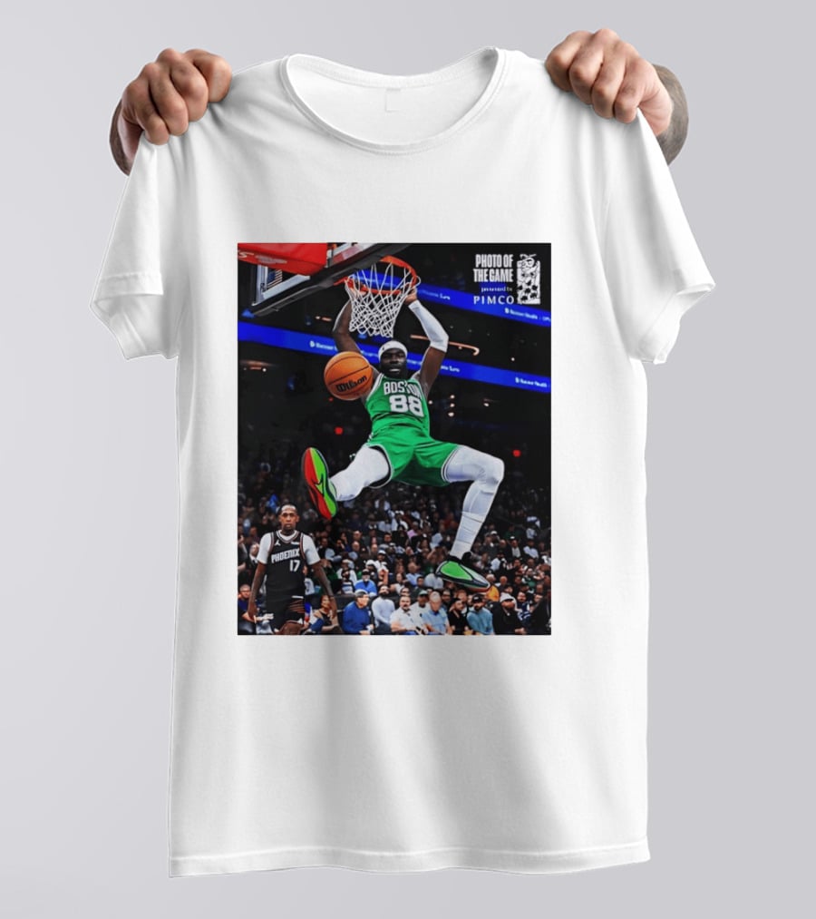 Neemias Queta Boston Celtics Dunk Action Photo With PIMCO At NBA Game T-Shirt