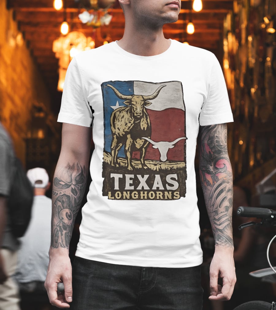 Texas Longhorns Flag Vintage Style Cow T-Shirt