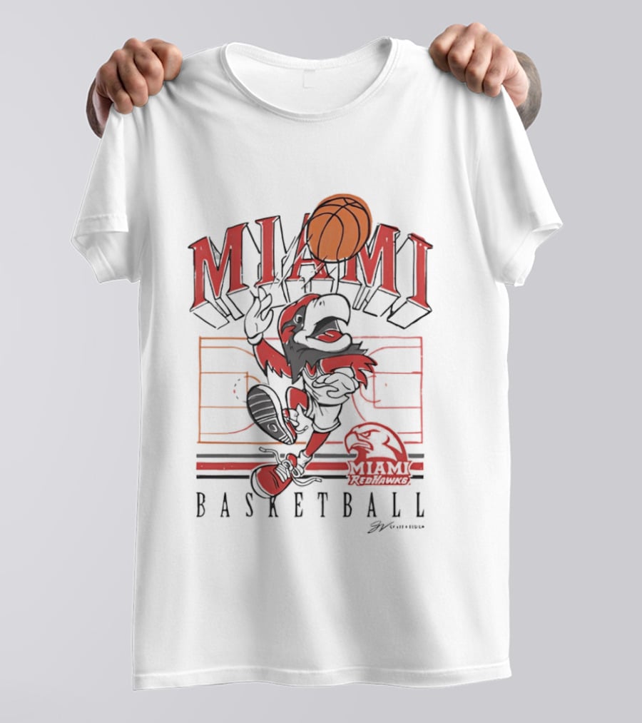 Miami RedHawks Basketball Court Happy Swoop Dunking Bird T-Shirt