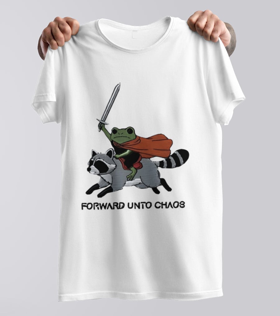 Embroidered Sword Wielding Frog Riding Raccoon Forward Unto Chaos T-Shirt