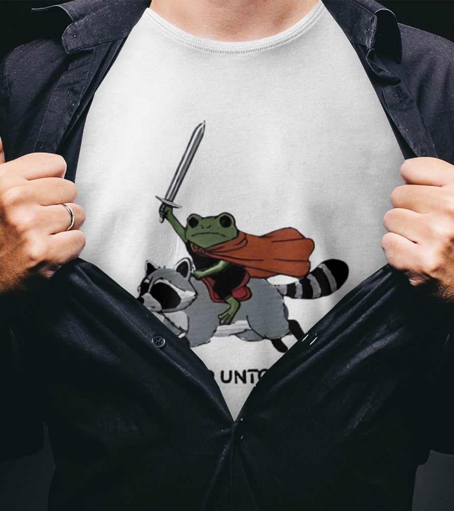 Embroidered Sword Wielding Frog Riding Raccoon Forward Unto Chaos T-Shirt