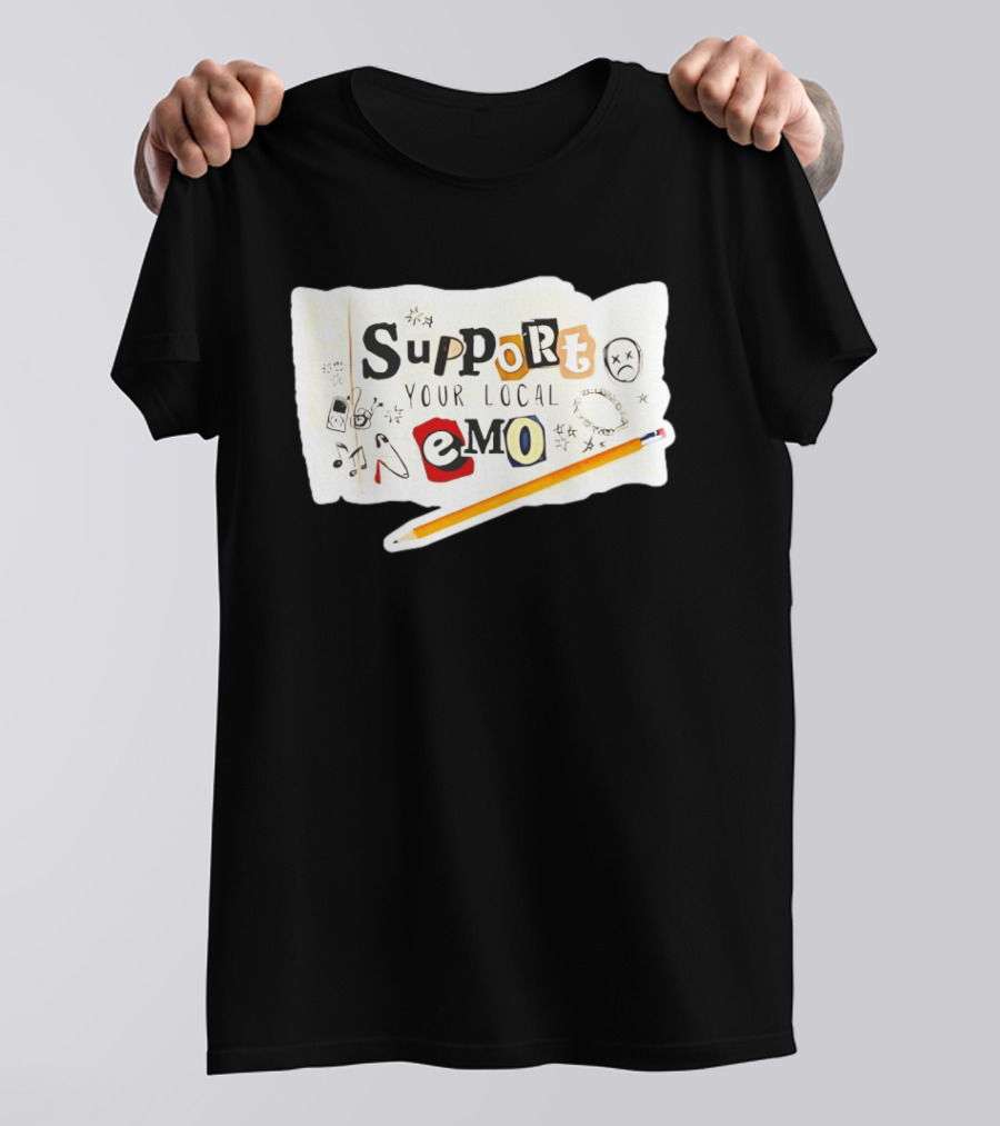 Support Your Local Emo Cutout Style With Pencil And Emojis T-Shirt