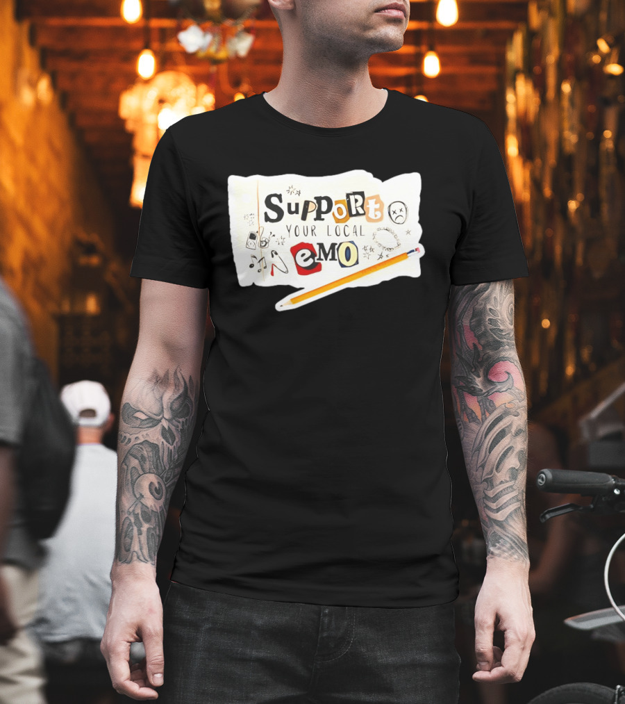 Support Your Local Emo Cutout Style With Pencil And Emojis T-Shirt