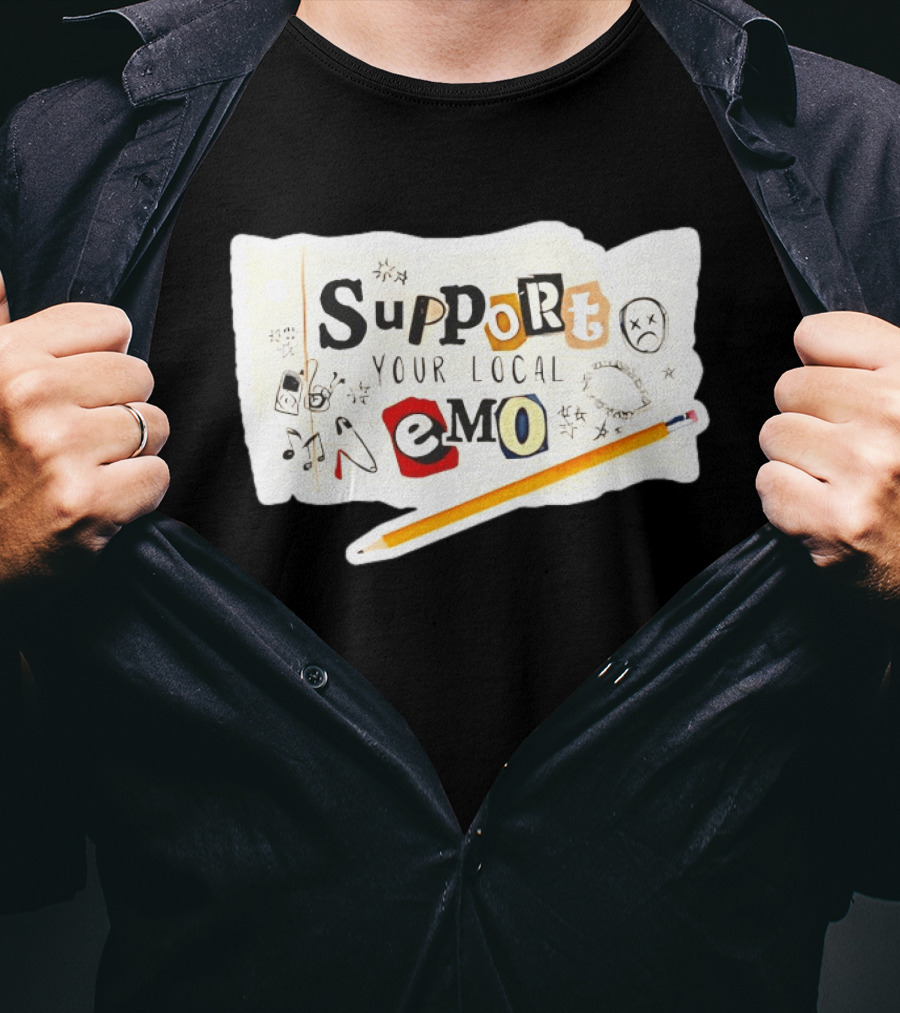 Support Your Local Emo Cutout Style With Pencil And Emojis T-Shirt