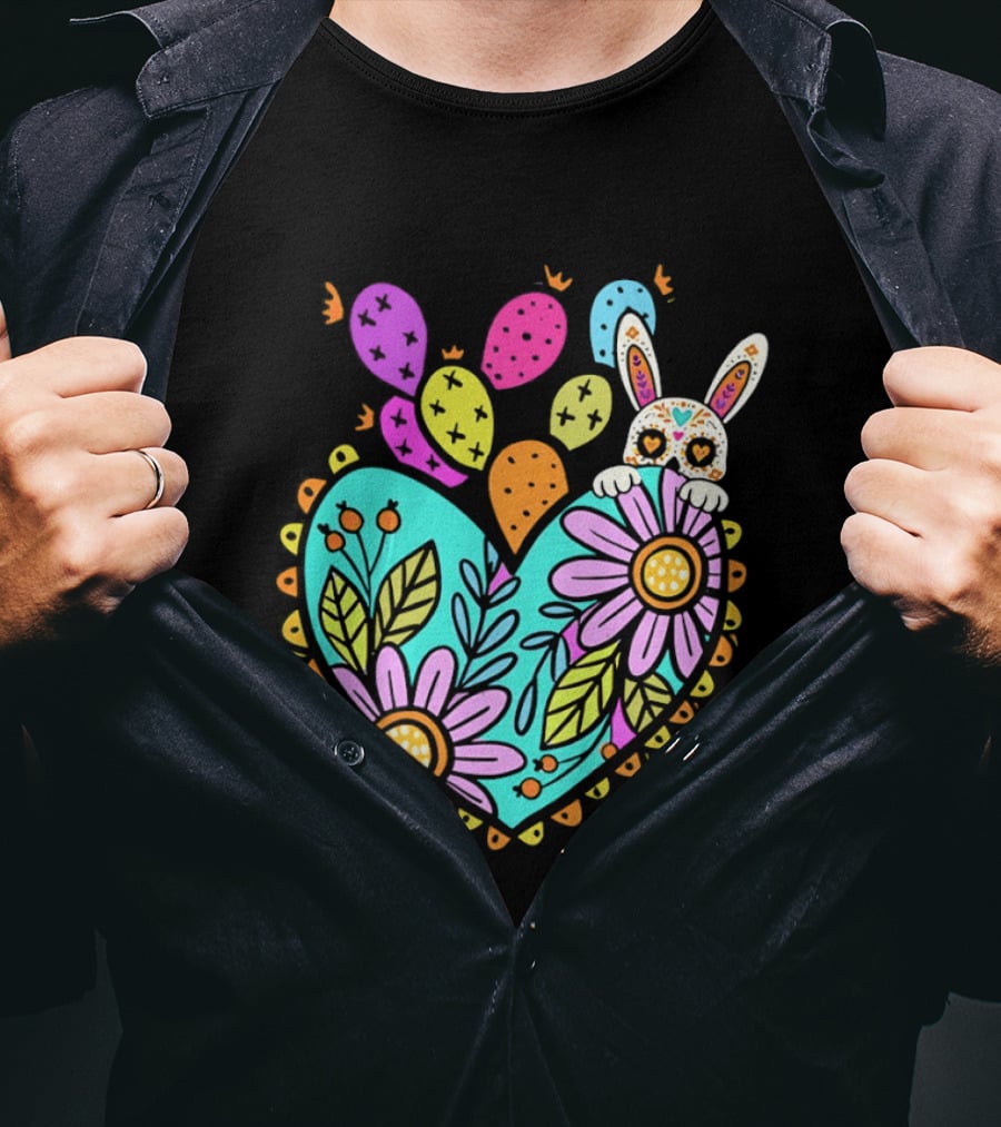 Easter Day Rabbit Holding Heart Sagrado Corazon Floral Bunny Balloons T-Shirt