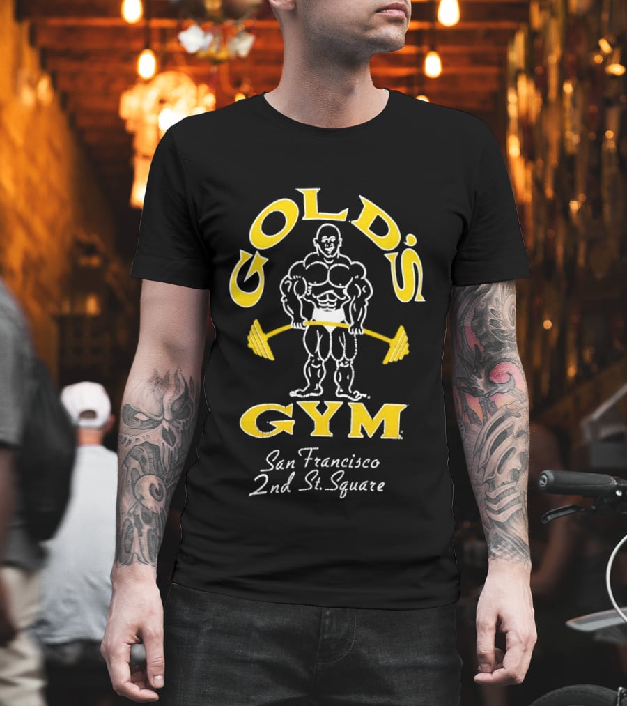 Gold's Gym San Francisco 2nd St Square Bodybuilder With Barbell T-Shirt