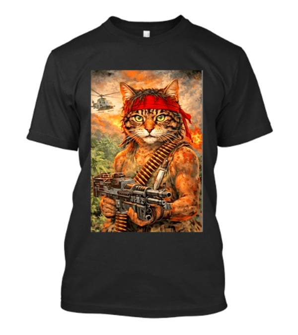 Rambo Cat With MG 3 Gun On Battlefield With Helicopter And Jungle Backdrop T-Shirt