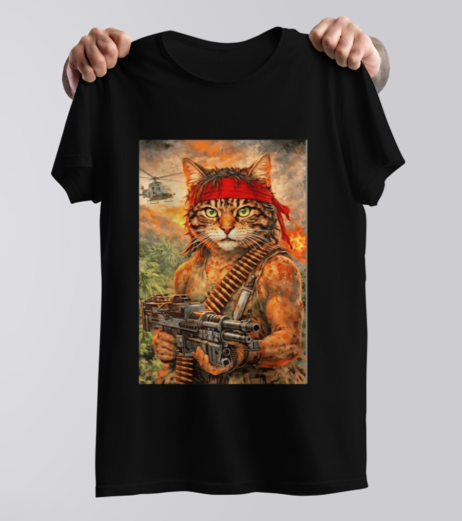 Rambo Cat With MG 3 Gun On Battlefield With Helicopter And Jungle Backdrop T-Shirt