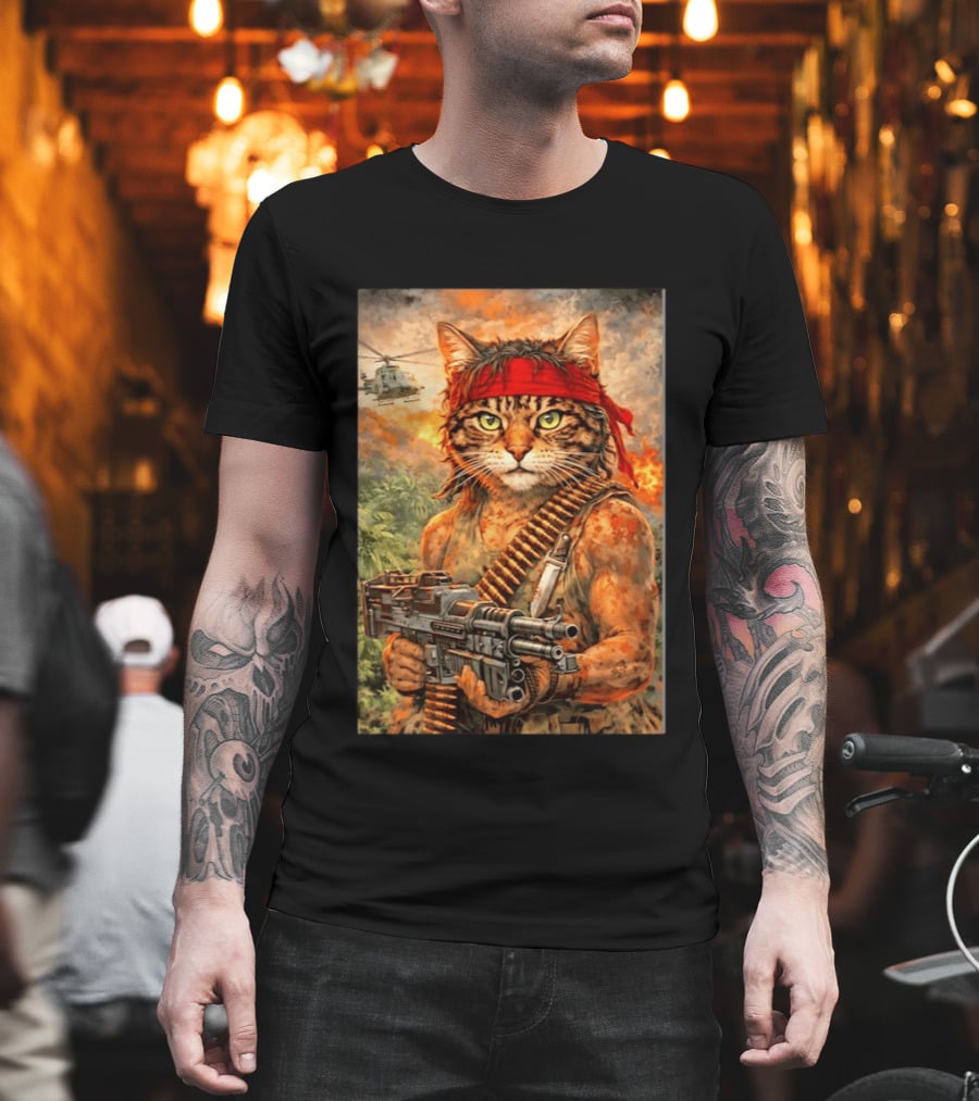 Rambo Cat With MG 3 Gun On Battlefield With Helicopter And Jungle Backdrop T-Shirt