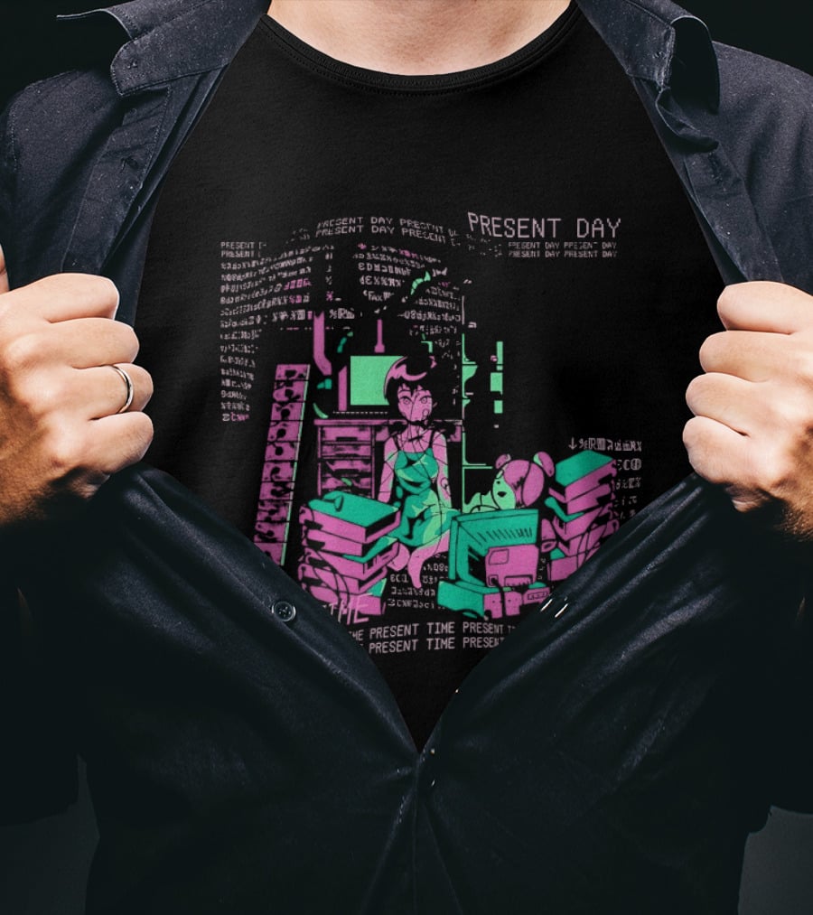 Connect To The Wired Present Day Present Time Retro Tech Aesthetic Stack Of Devices T-Shirt