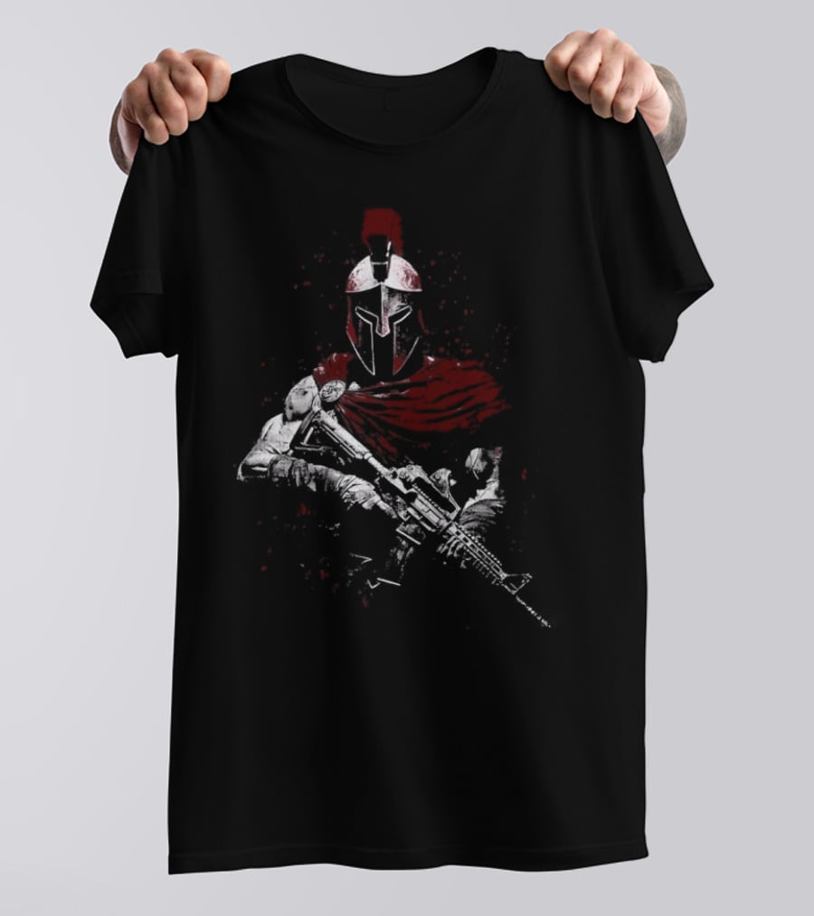 Warrior Ethos Holding Gun Wearing Spartan Helmet Blood Red Cape T-Shirt