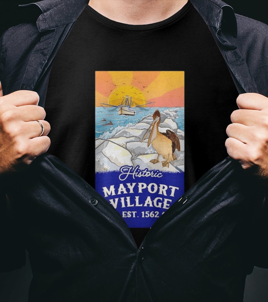 Historic Mayport Village EST 1562 Ocean Sunrise Pelican And Fishing Boat T-Shirt
