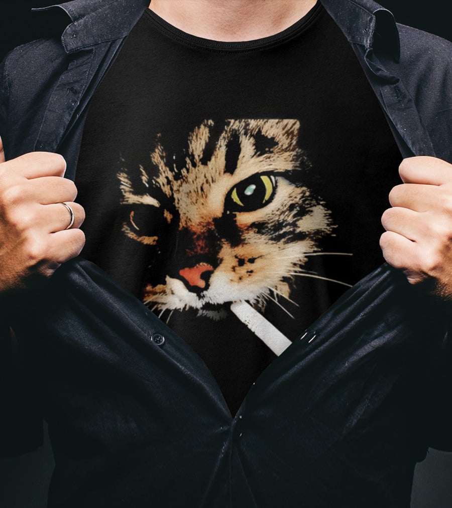 Cat Smoking Big Head Meme Artfully Distorted Feline Expression T-Shirt